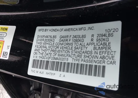 2021 Honda Accord Sport 2.0T from USA, damaged, VIN 1HGCV2F33MA002015
